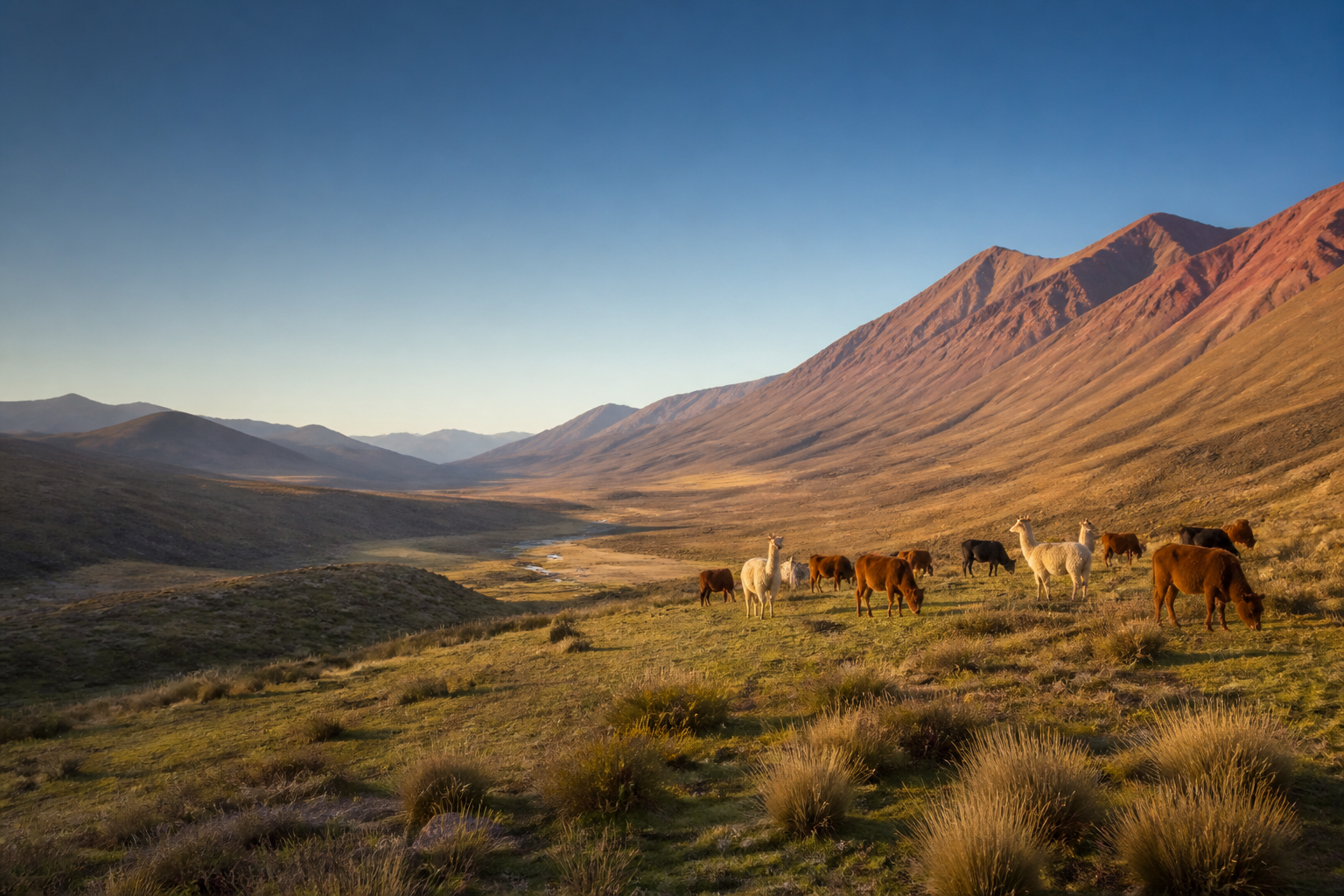 Ganado y llamas en un paisaje de la puna jujeña